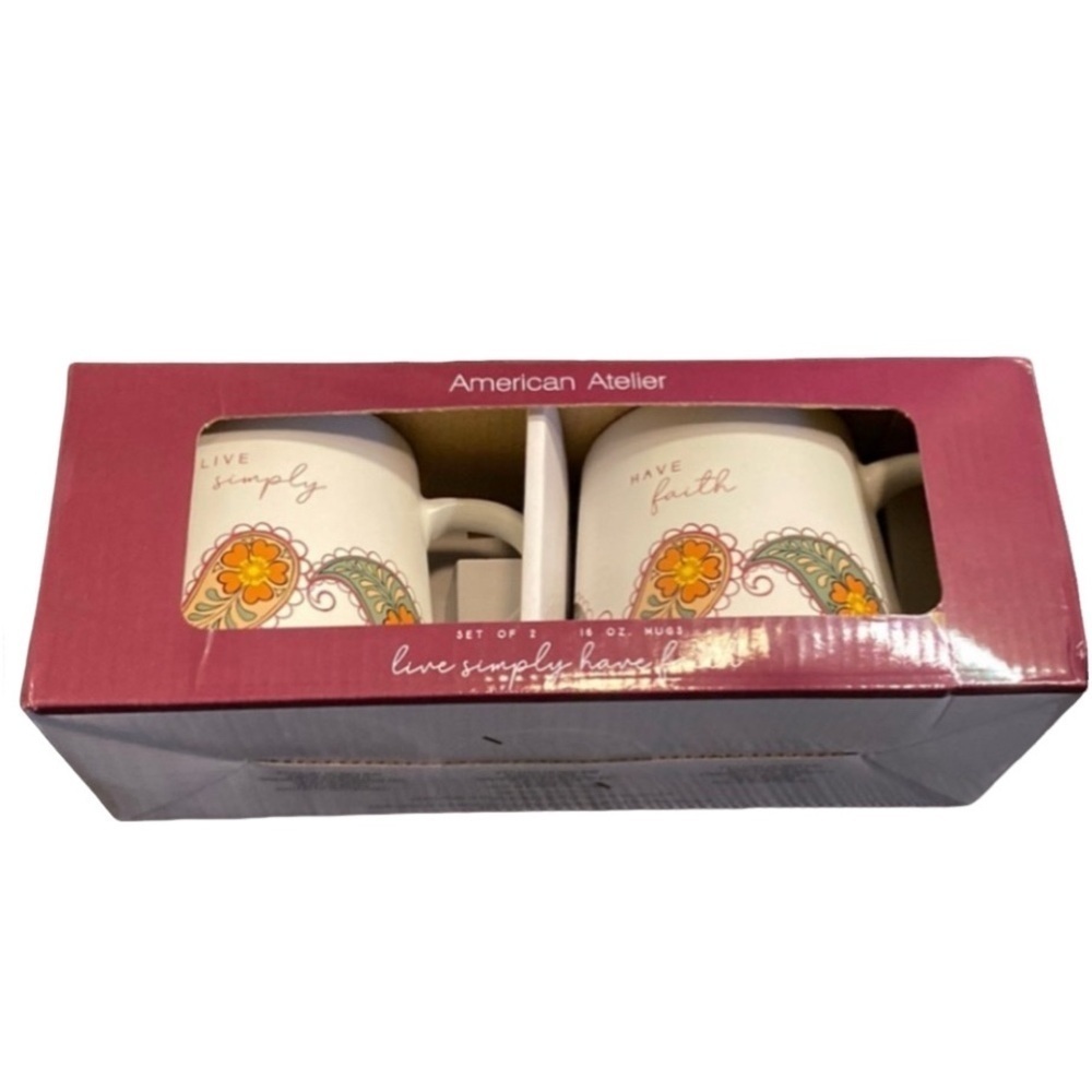 American Atelier Mugs. Set of 2 in box. Brand new! Paisley orange and green.